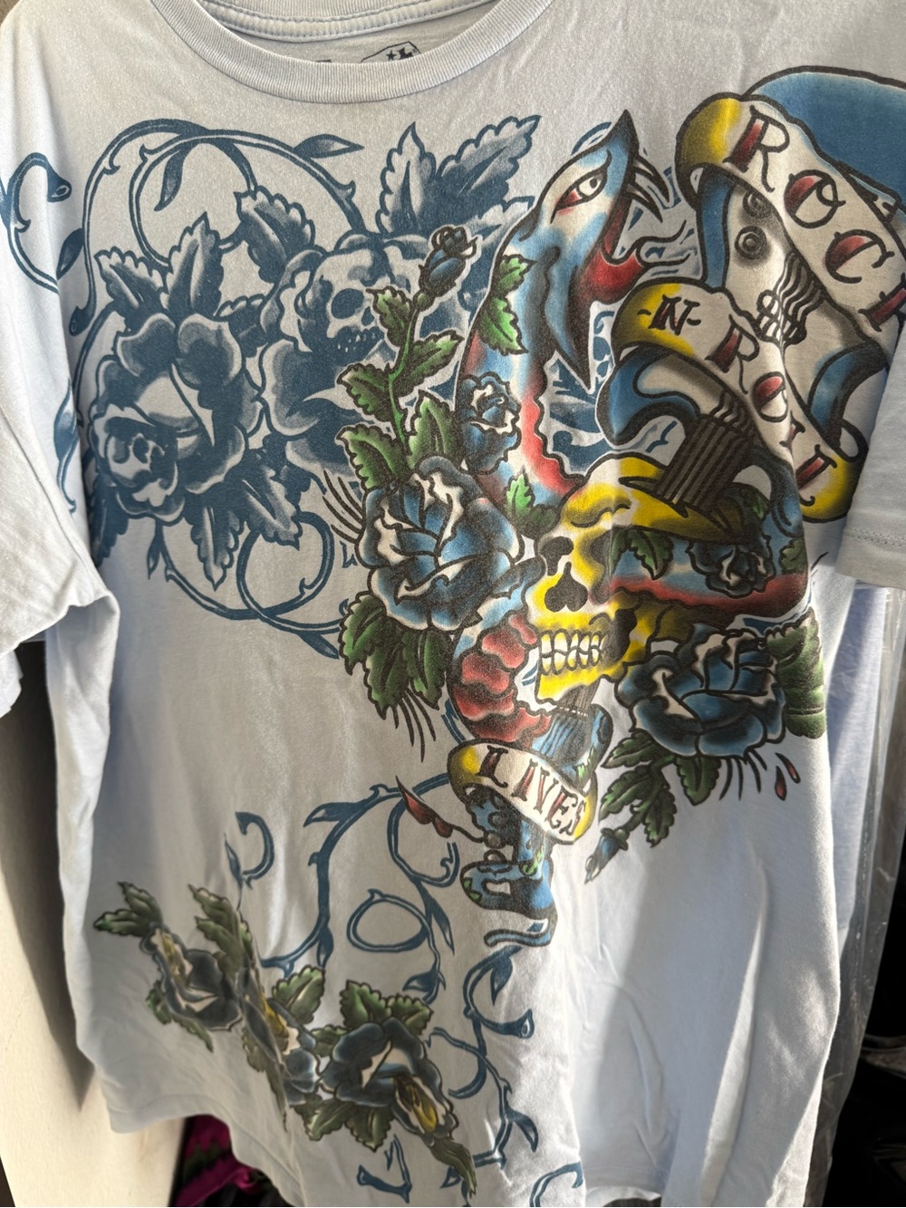 Graphic Skull & Rose Print Men’s lo Shirt - Light Blue